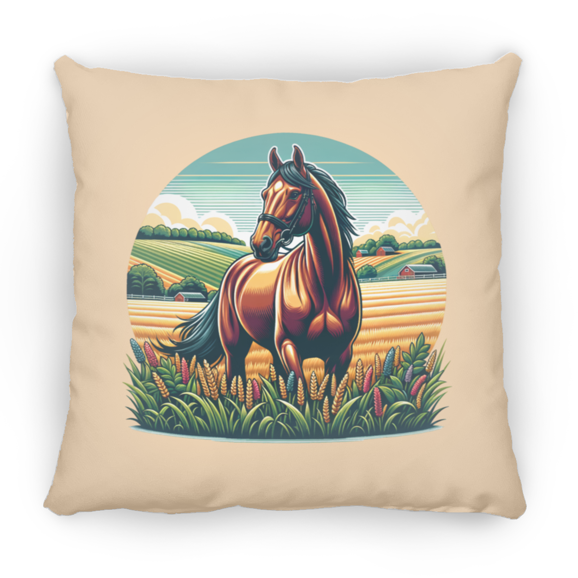 Bay Horse on Farm - Throw Pillows