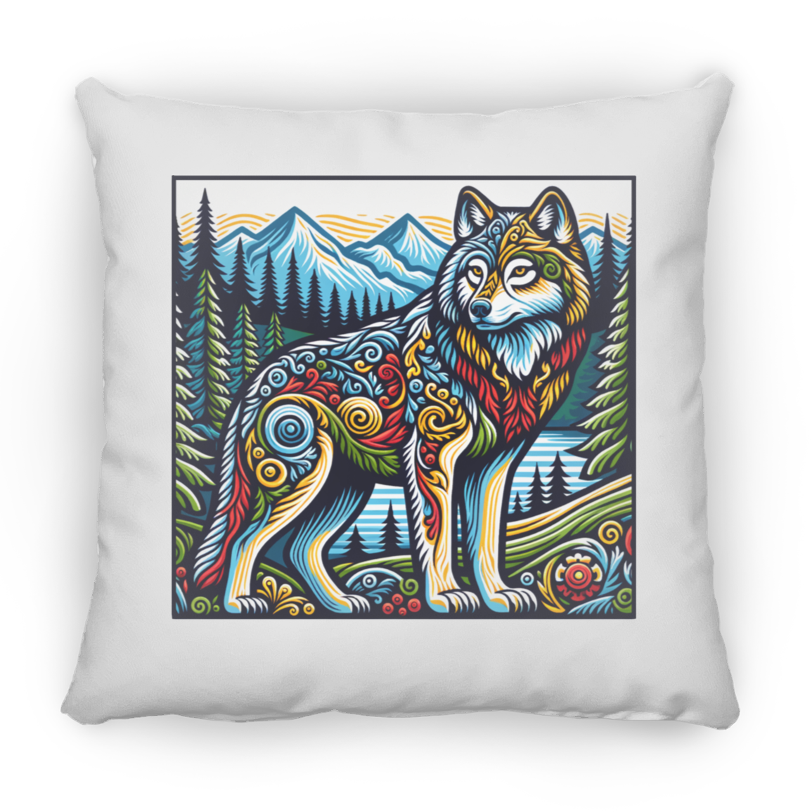 Folk Art Wolf - Throw Pillows