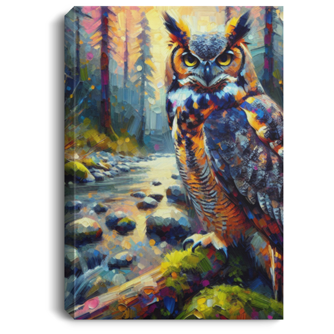 Great Horned Owl by Stream - Canvas Art Prints