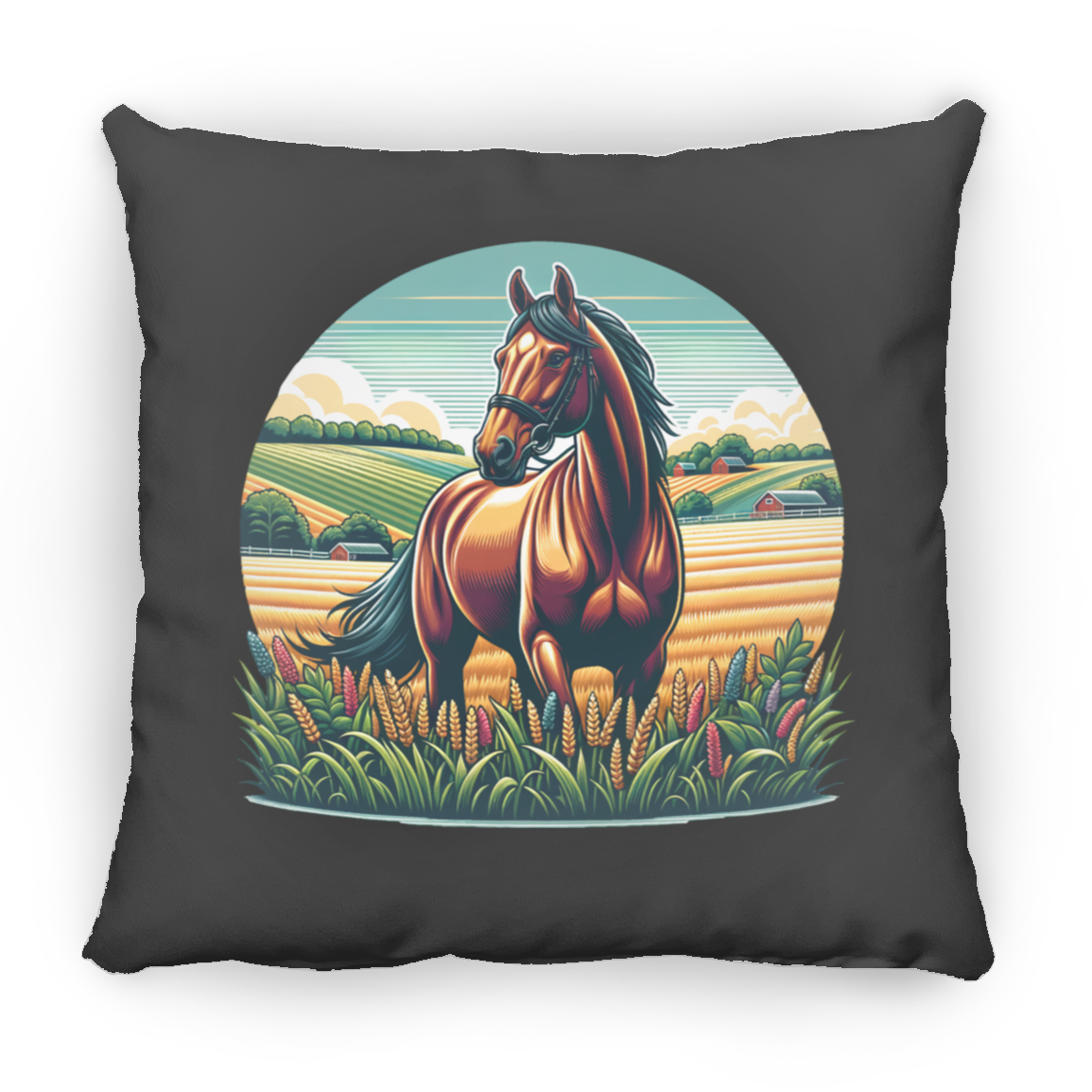 Bay Horse on Farm - Throw Pillows