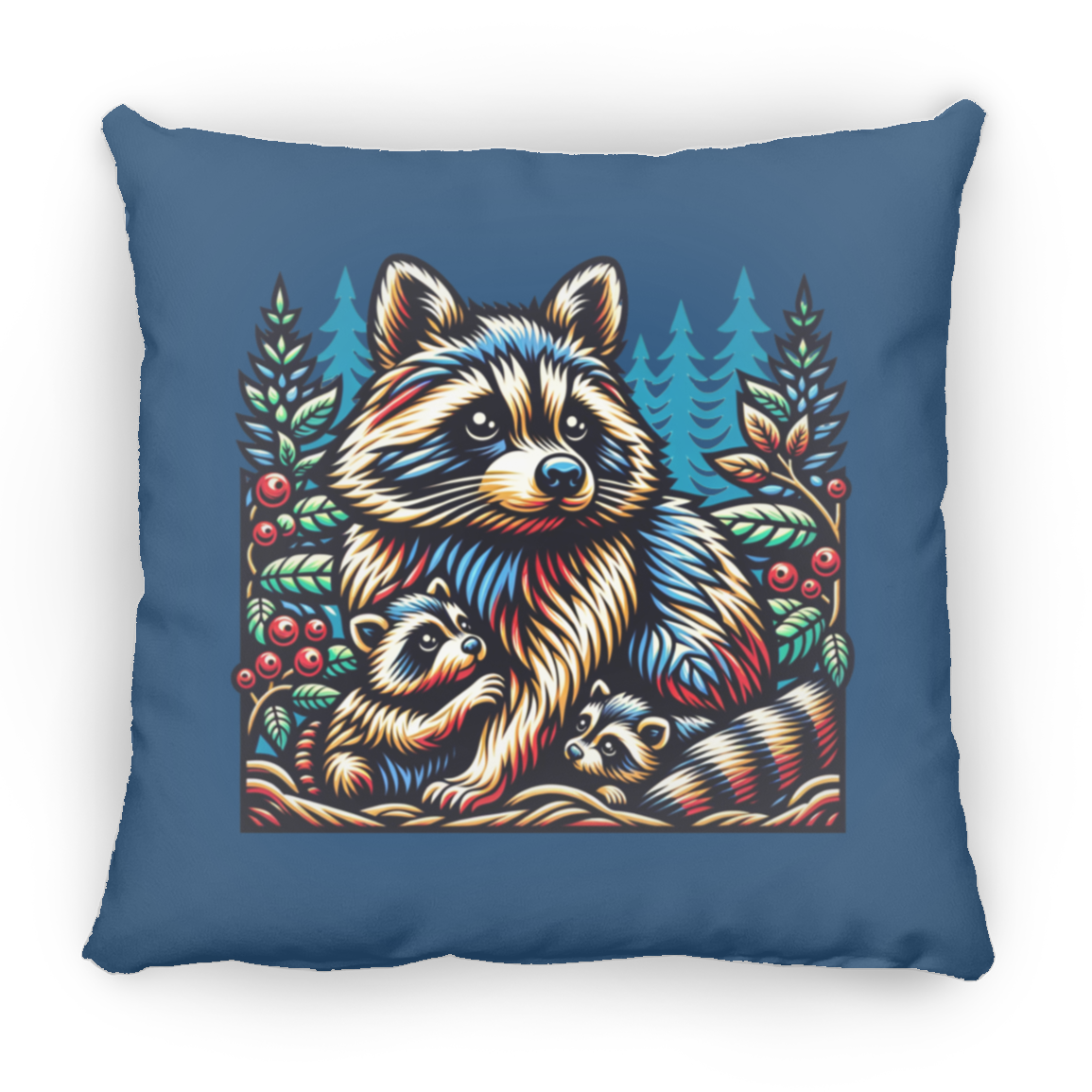 Woodcut Raccoon and Kits - Throw Pillows