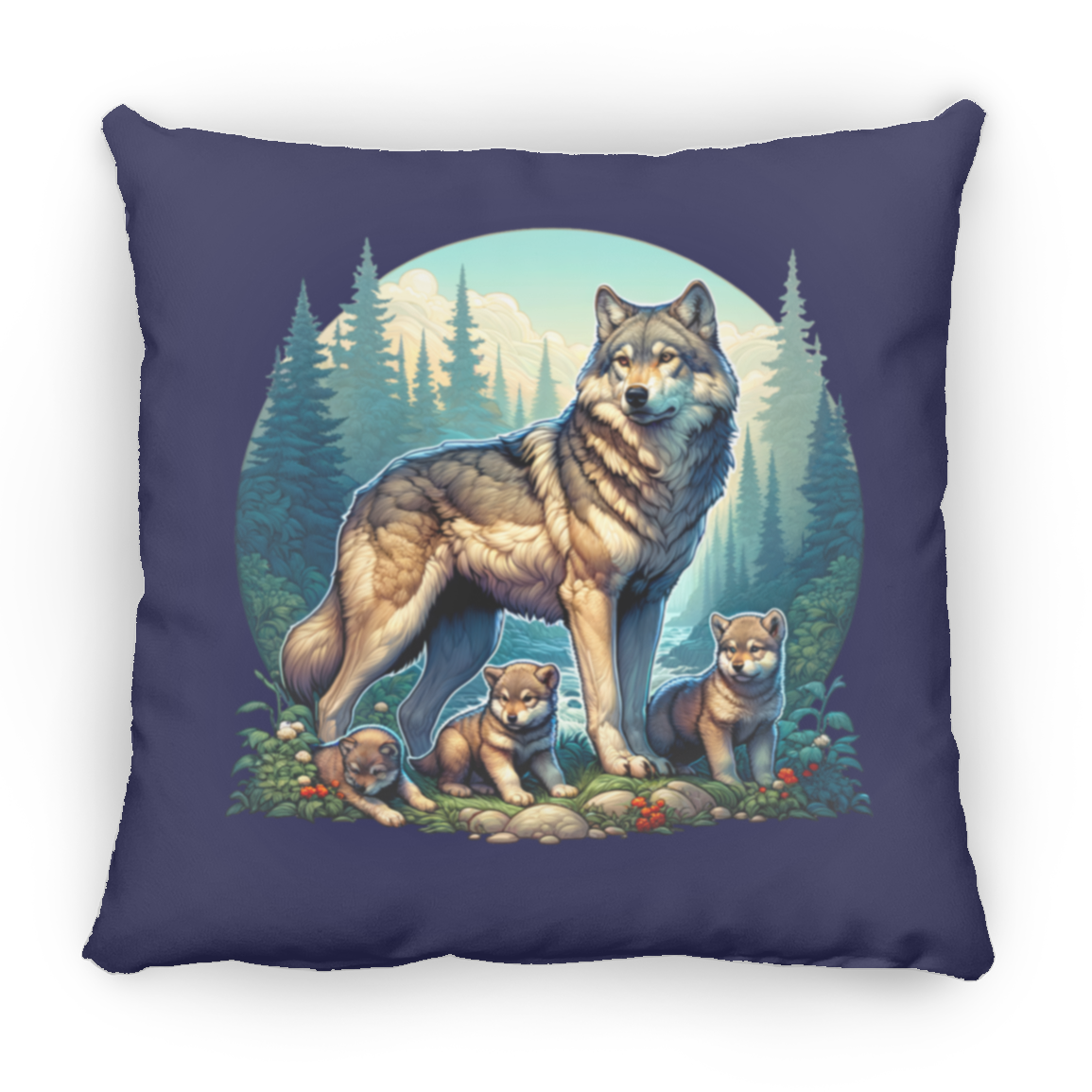 Wolf with 3 Pups - Throw Pillows