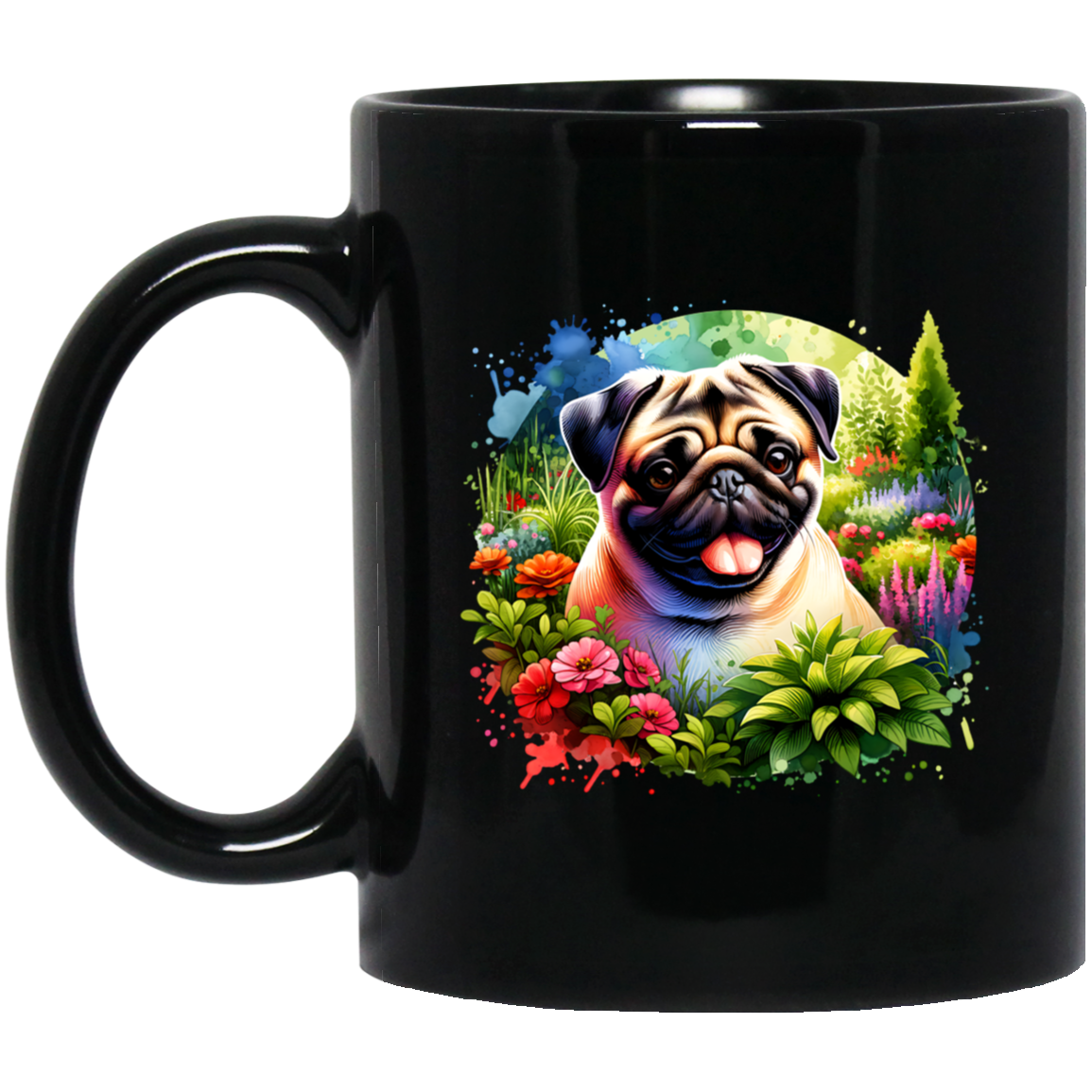 Pug in Garden mug 11 ounce black