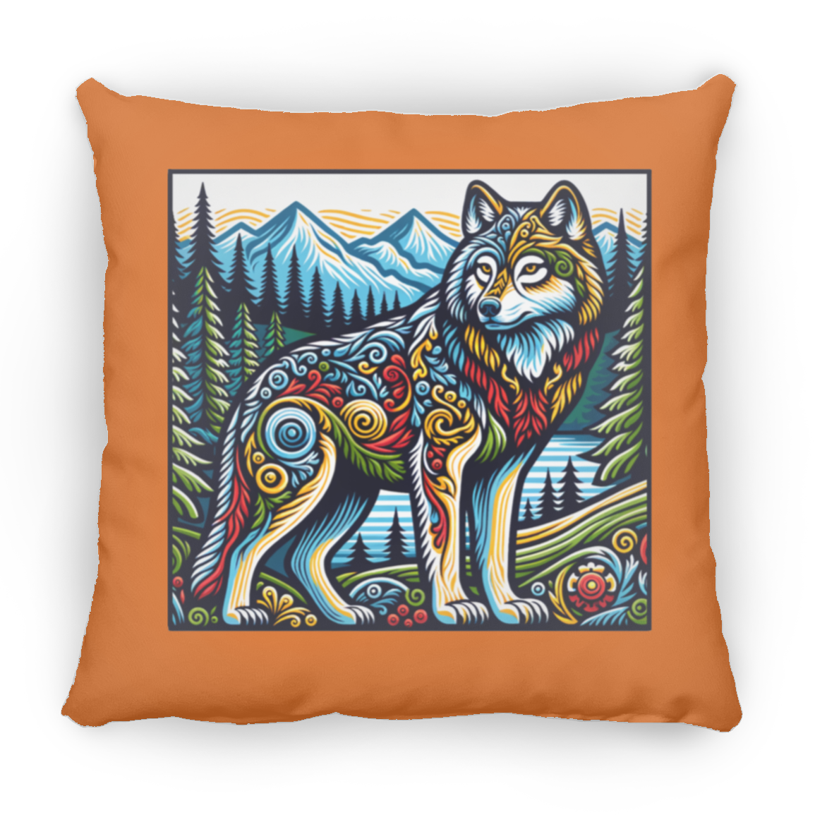 Folk Art Wolf - Throw Pillows