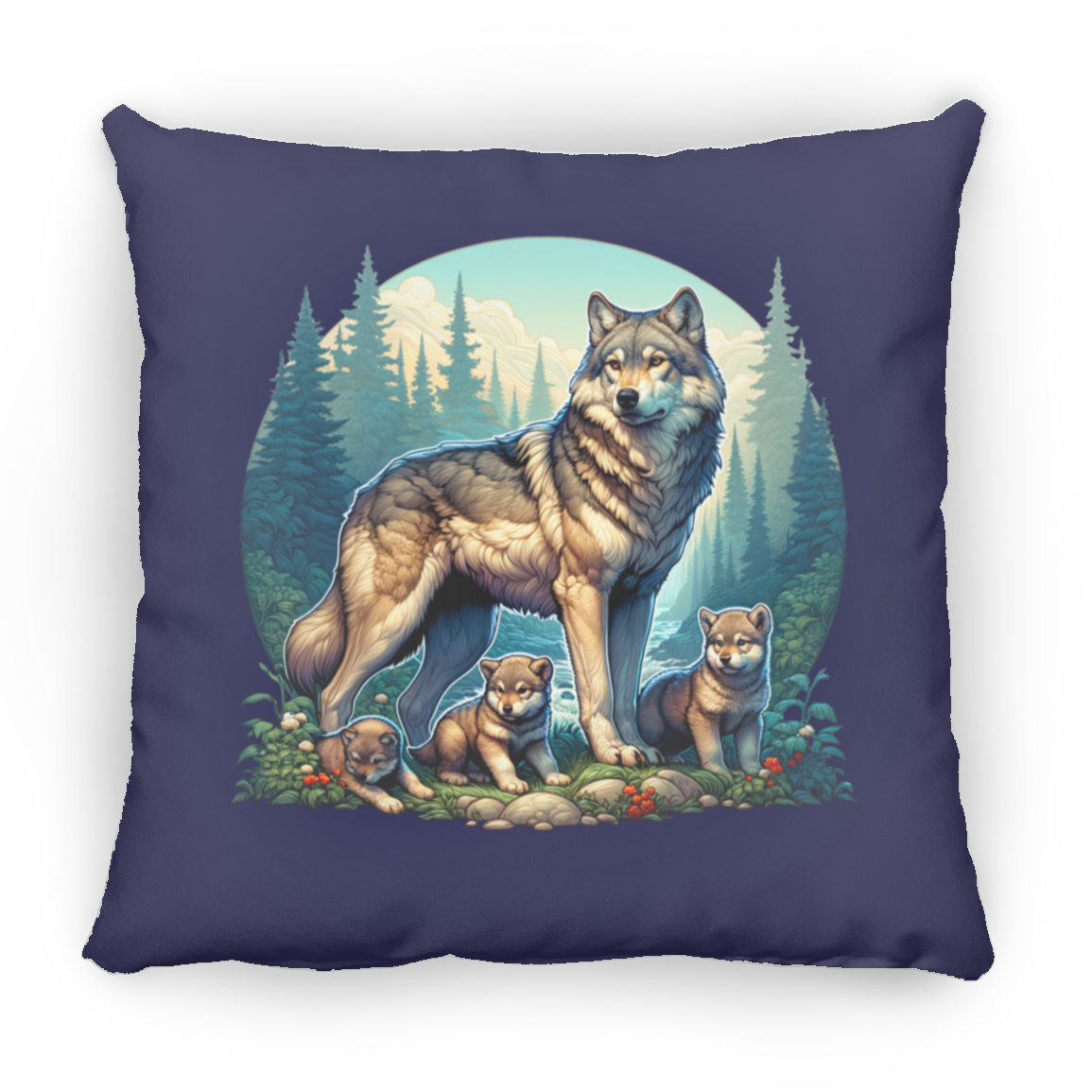 Wolf with 3 Pups - Throw Pillows