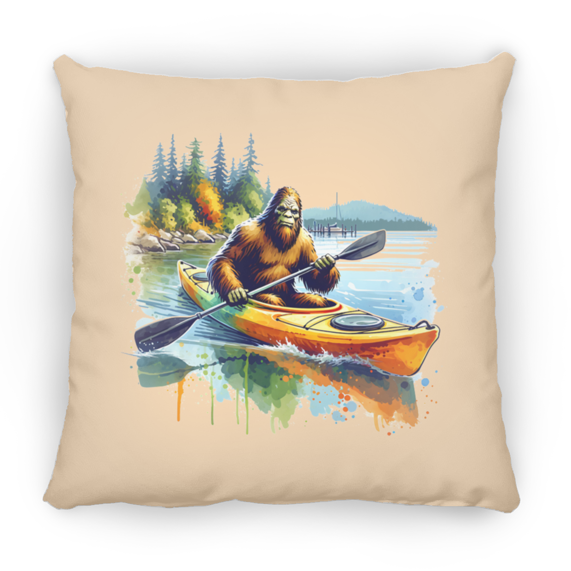 Sasquatch in Kayak Throw Pillows