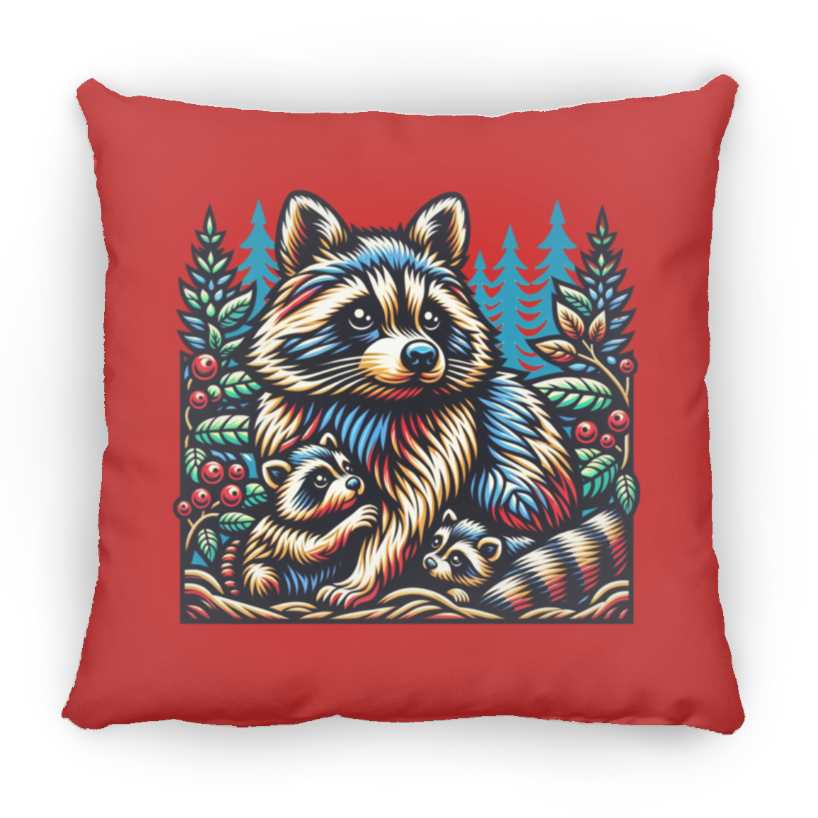 Woodcut Raccoon and Kits - Throw Pillows