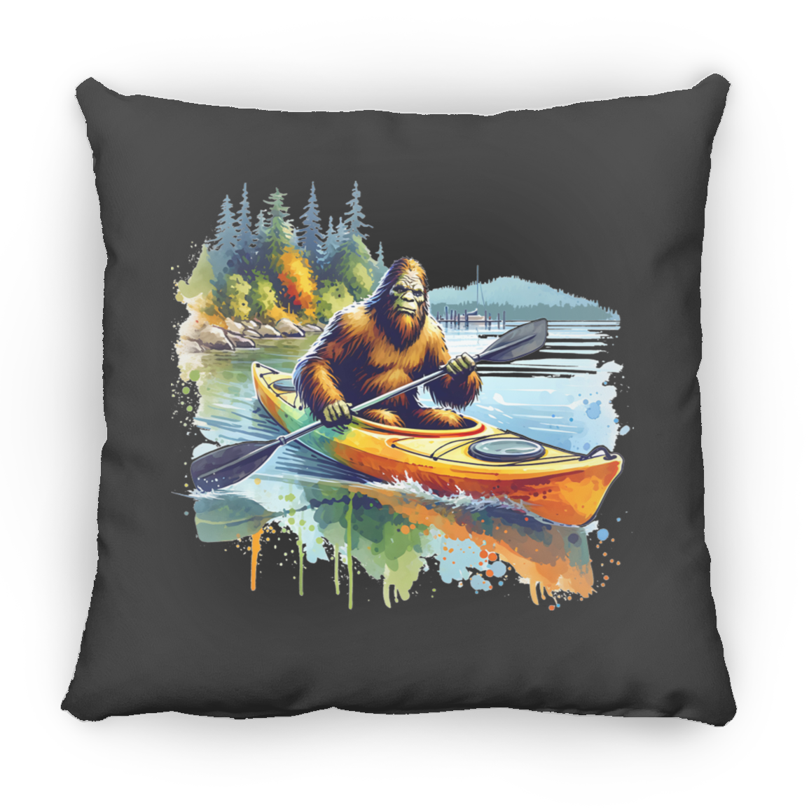 Sasquatch in Kayak Throw Pillows