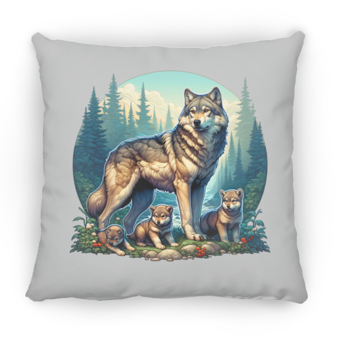 Wolf with 3 Pups - Throw Pillows