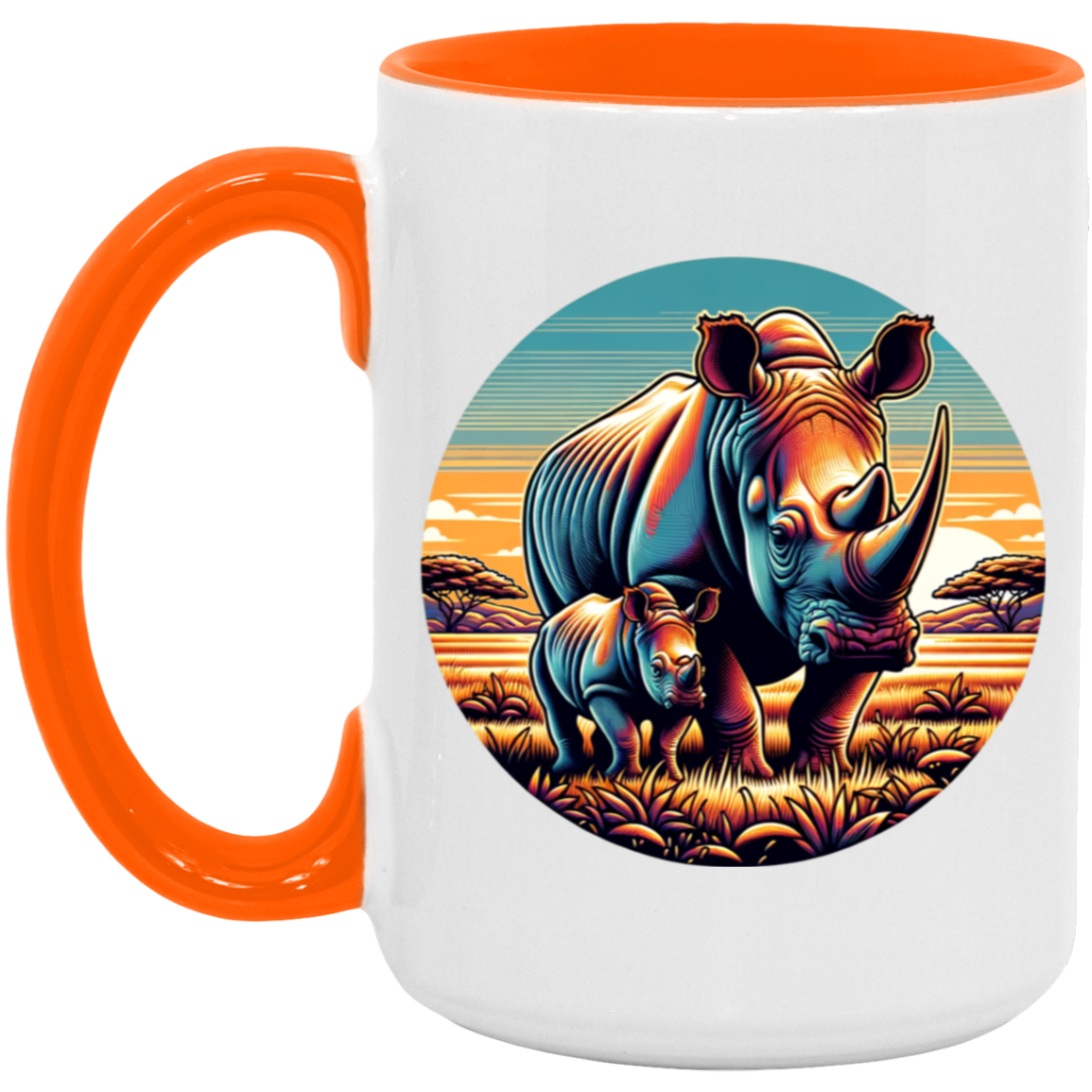 Rhino Mom and Calf Circle Graphic Mugs
