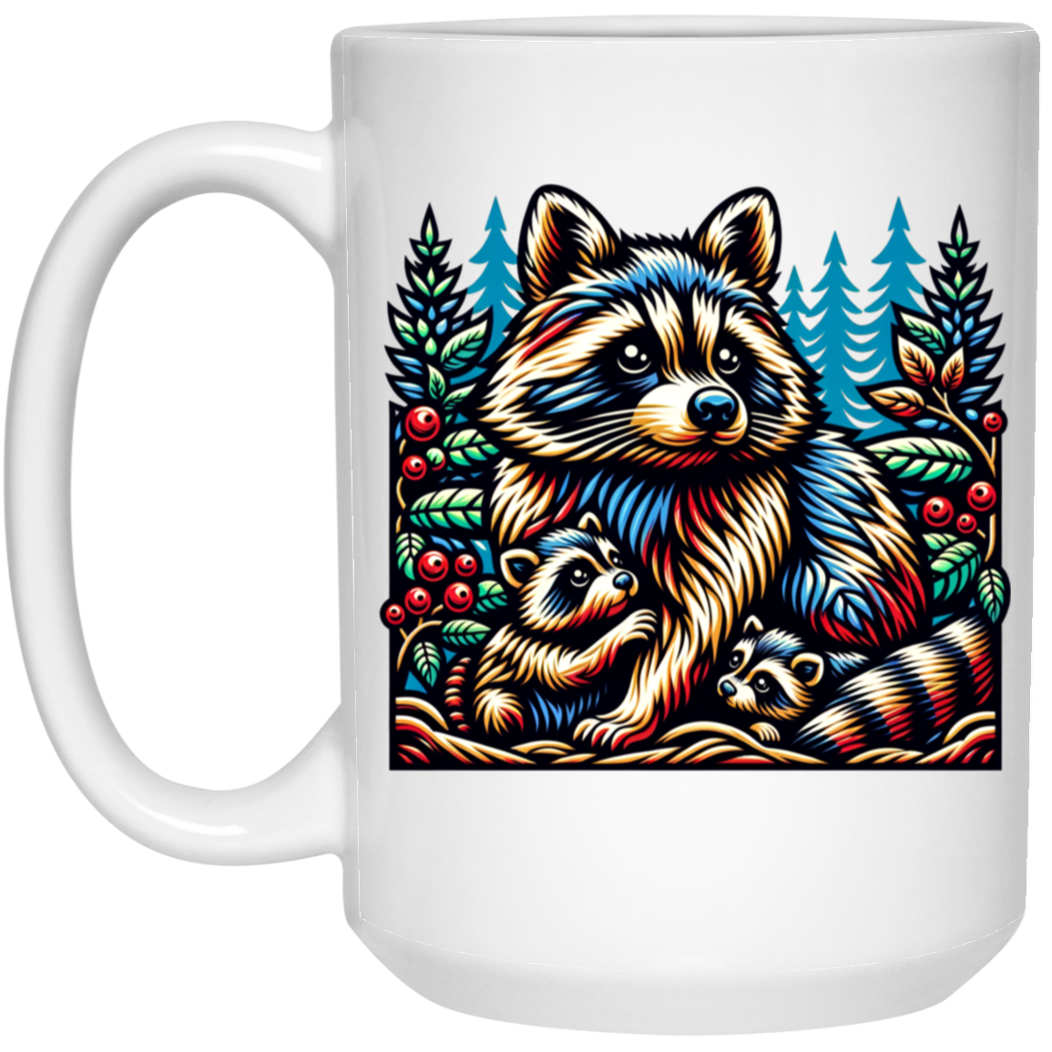 Woodcut Raccoon and Kits Mugs