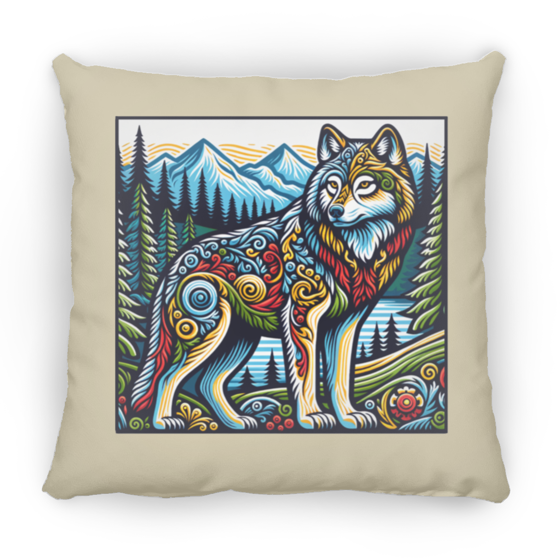 Folk Art Wolf - Throw Pillows