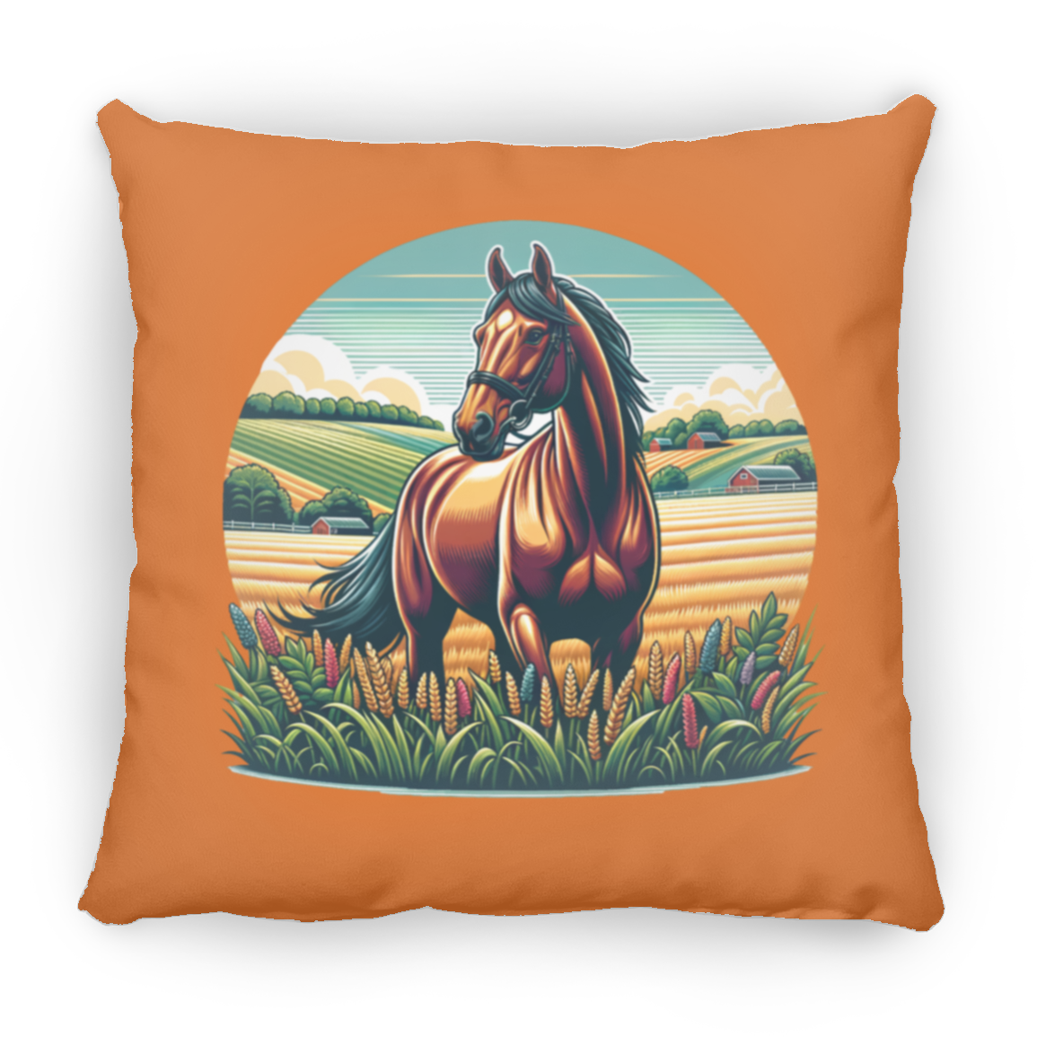 Bay Horse on Farm - Throw Pillows