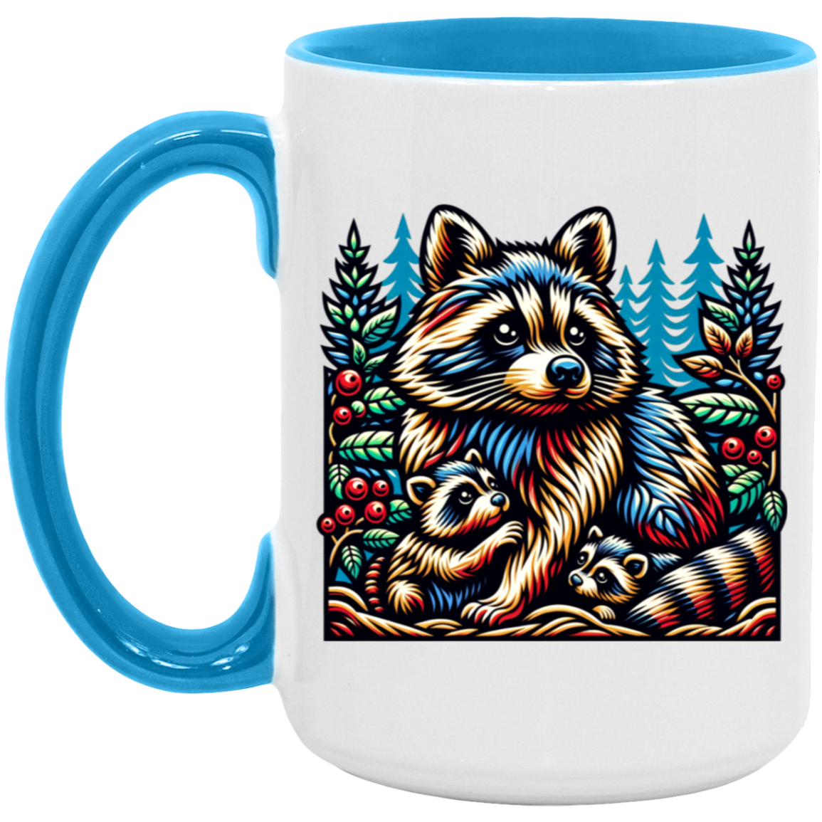 Woodcut Raccoon and Kits Mugs