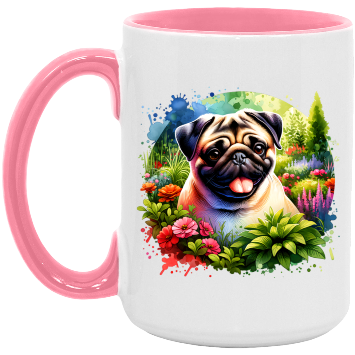 Pug in Garden 15 ounce Accent pink