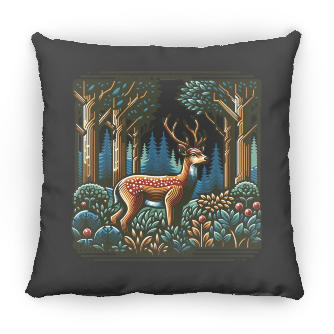 Deer in Forest Block Print - Throw Pillows
