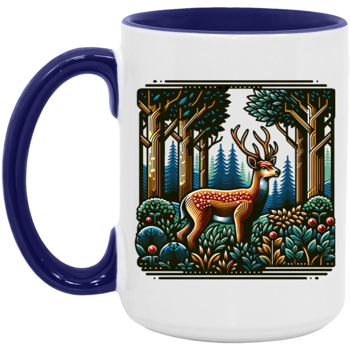Deer in Forest Block Print - Mugs