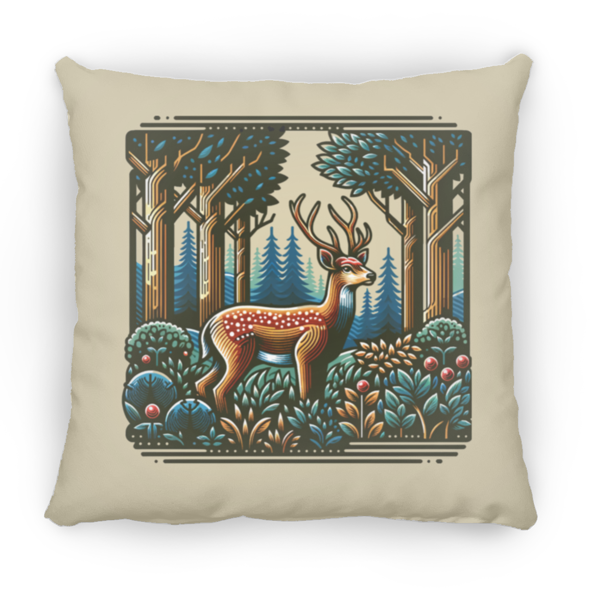 Deer in Forest Block Print - Throw Pillows