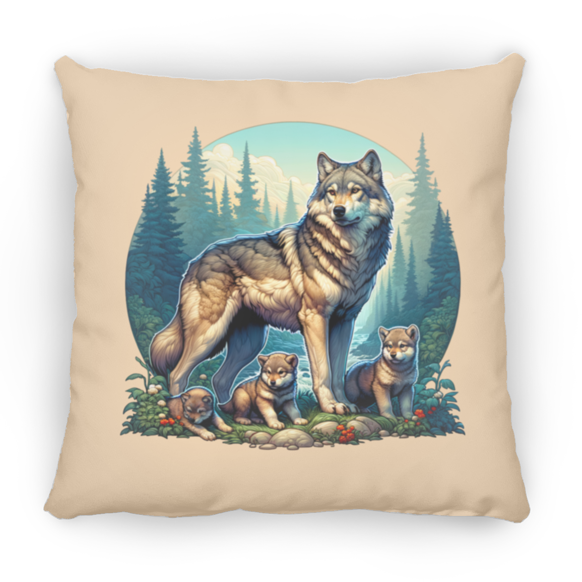 Wolf with 3 Pups - Throw Pillows