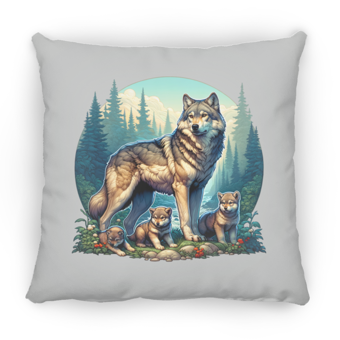 Wolf with 3 Pups - Throw Pillows