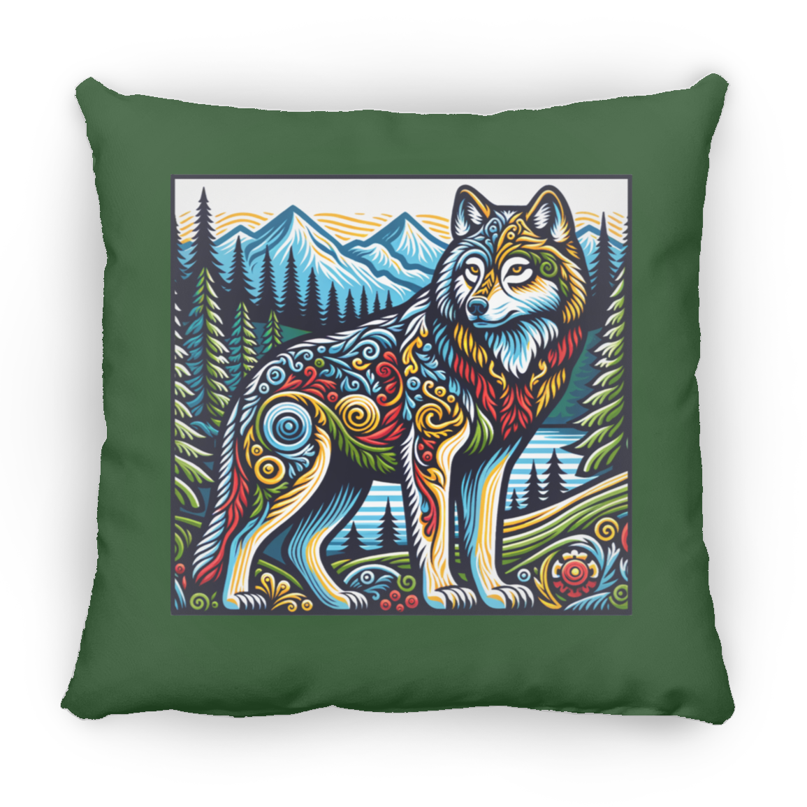 Folk Art Wolf - Throw Pillows