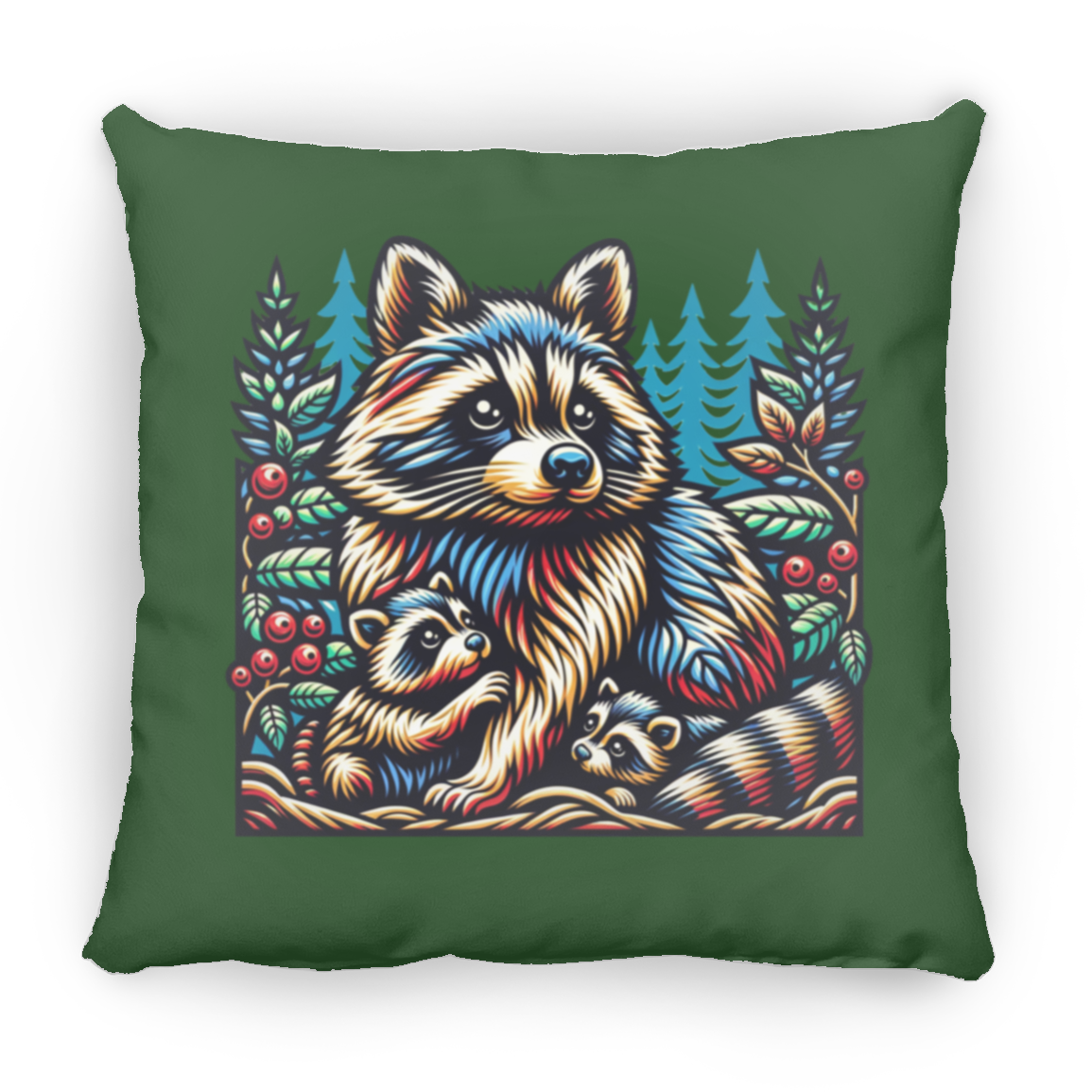 Woodcut Raccoon and Kits - Throw Pillows