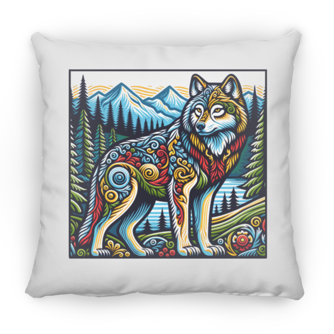 Folk Art Wolf - Throw Pillows