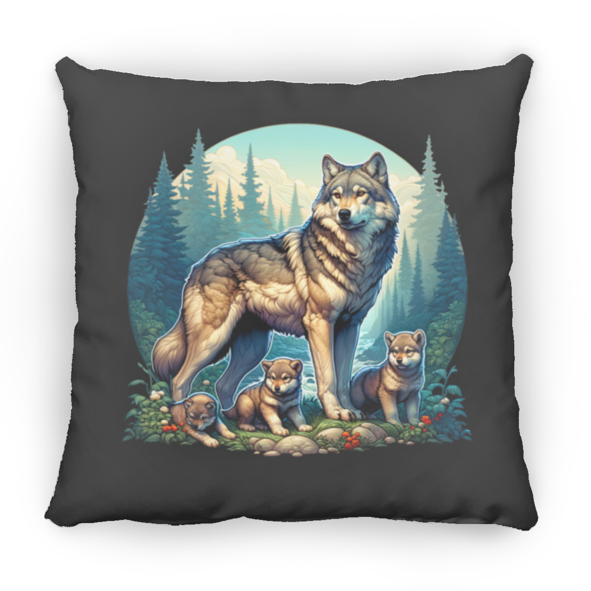 Wolf with 3 Pups - Throw Pillows