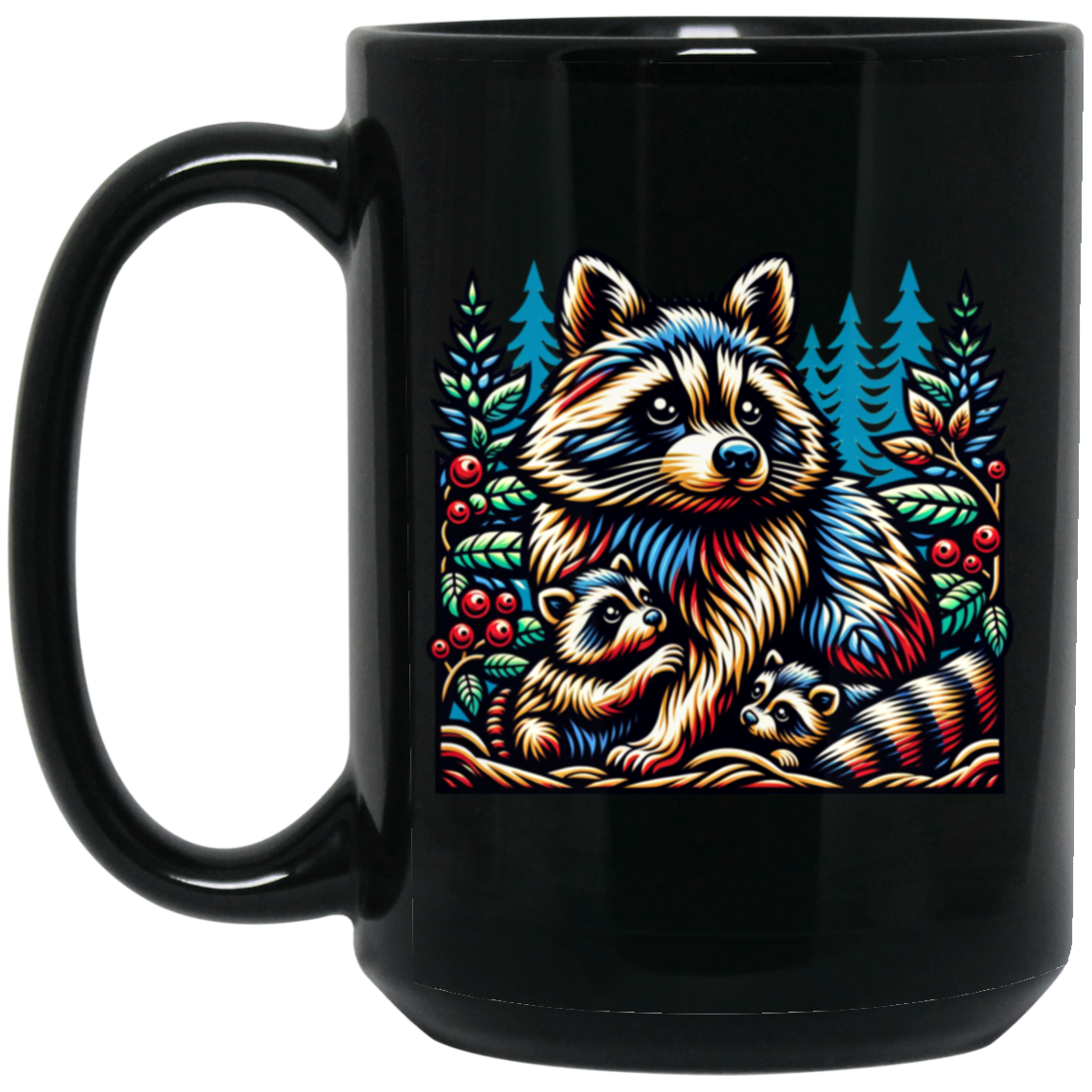 Woodcut Raccoon and Kits Mugs