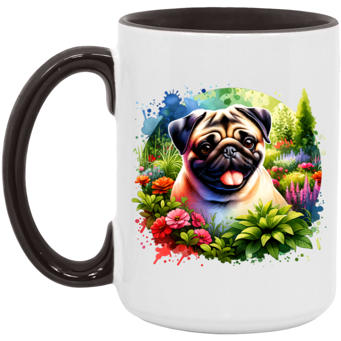 Pug in Garden 15 ounce Accent black