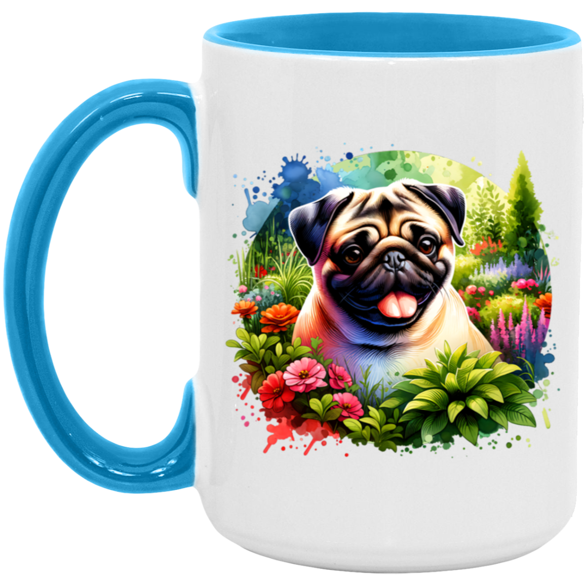Pug in Garden 15 ounce Accent light Blue