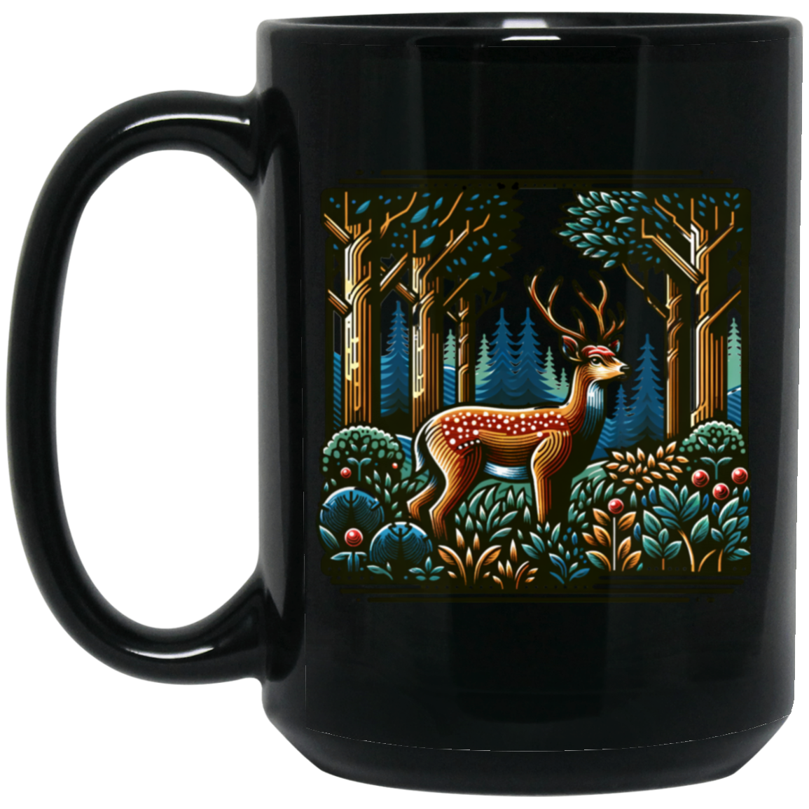 Deer in Forest Block Print - Mugs