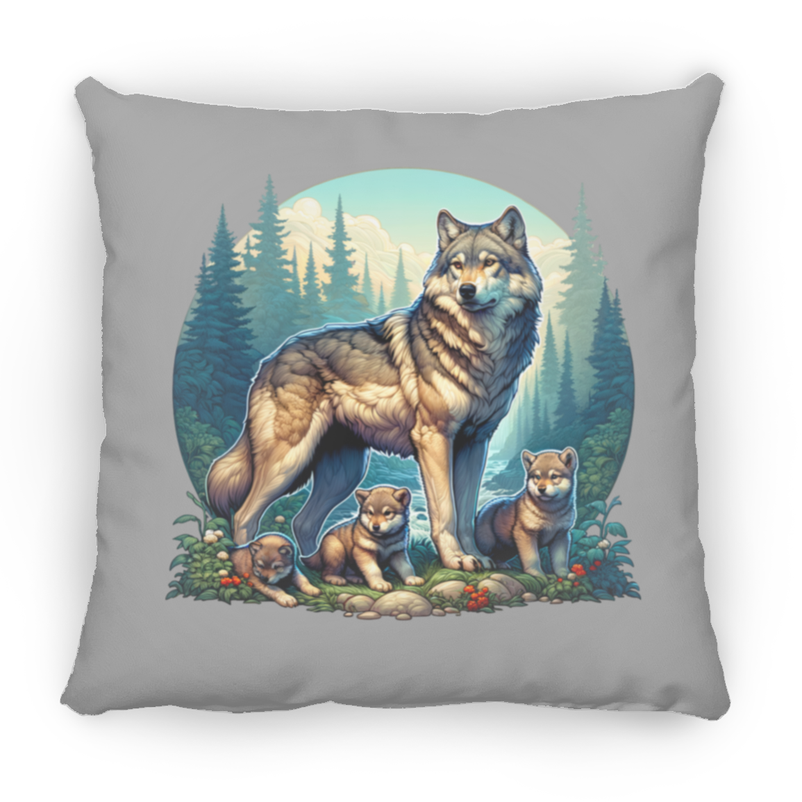 Wolf with 3 Pups - Throw Pillows