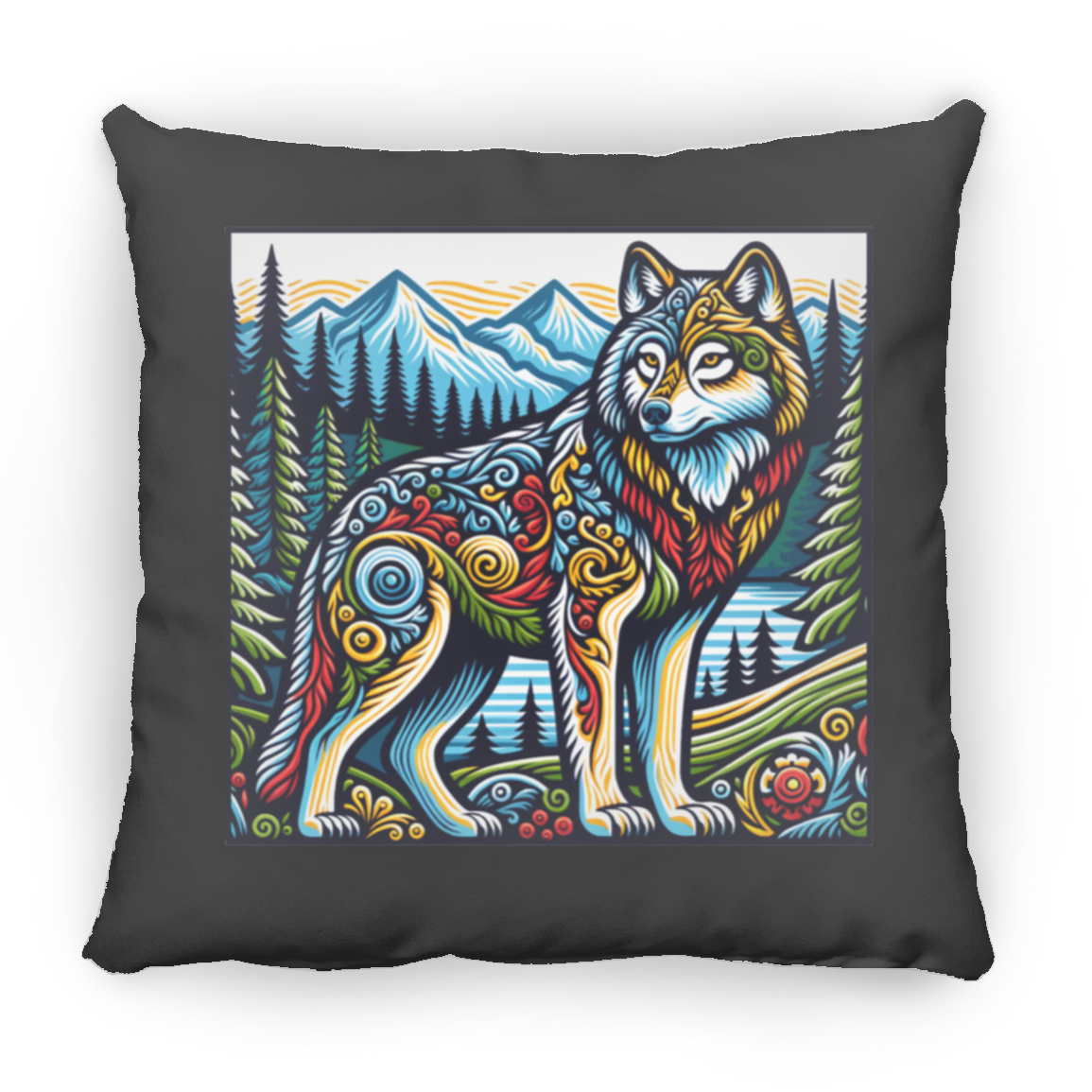 Folk Art Wolf - Throw Pillows