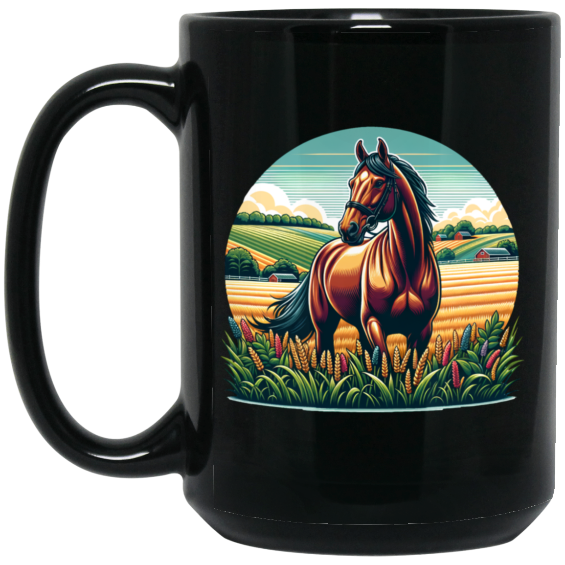 Bay Horse on Farm - Mugs