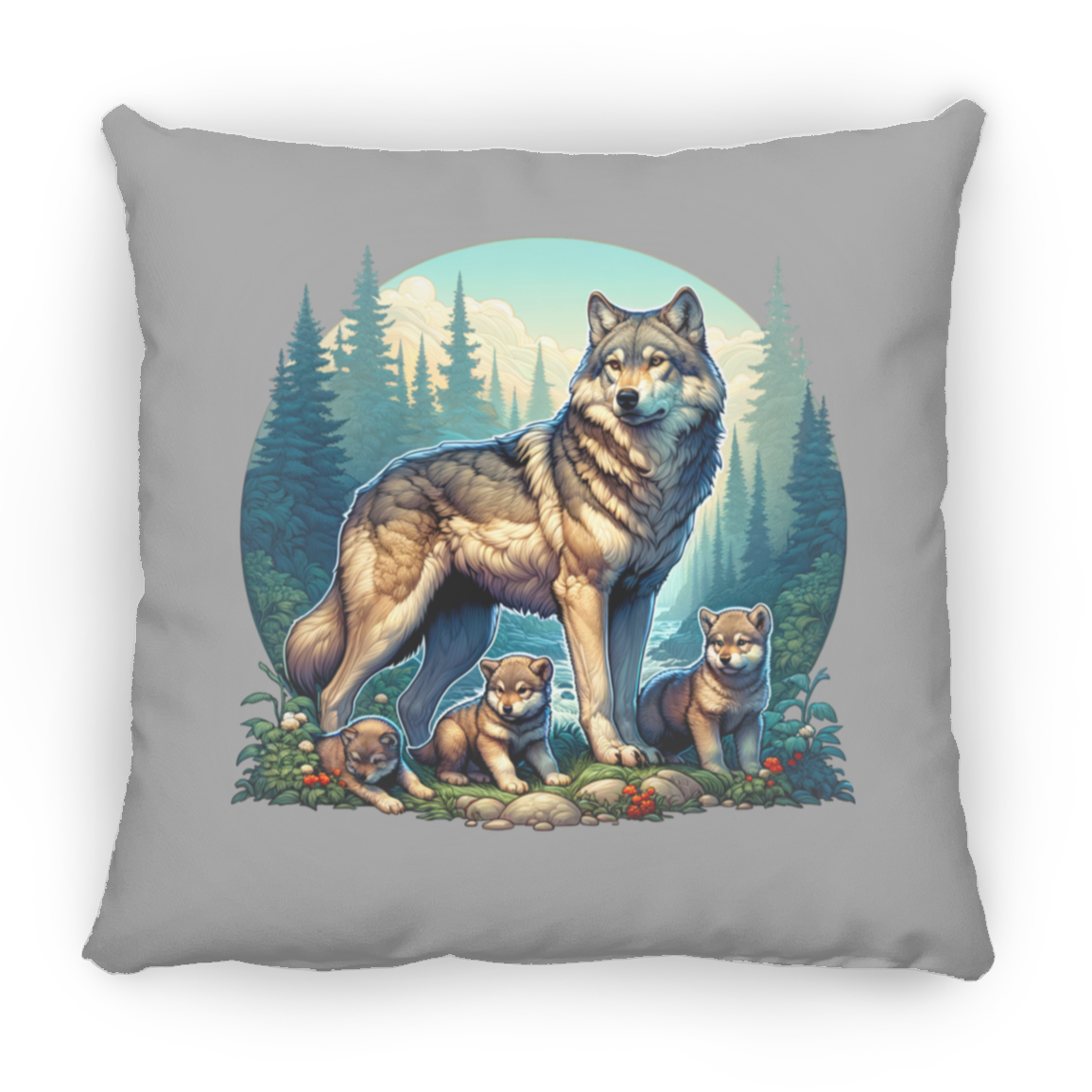 Wolf with 3 Pups - Throw Pillows