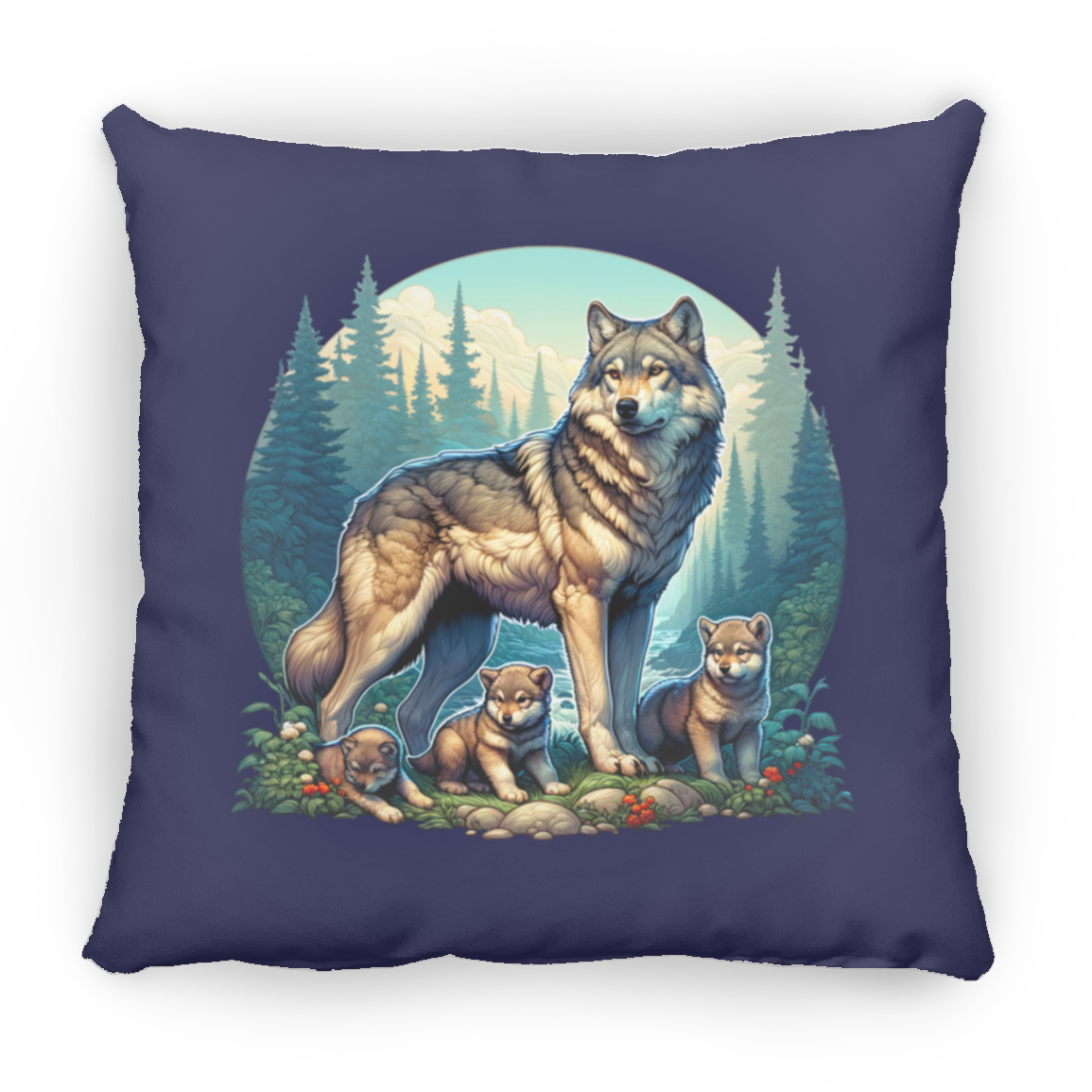 Wolf with 3 Pups - Throw Pillows