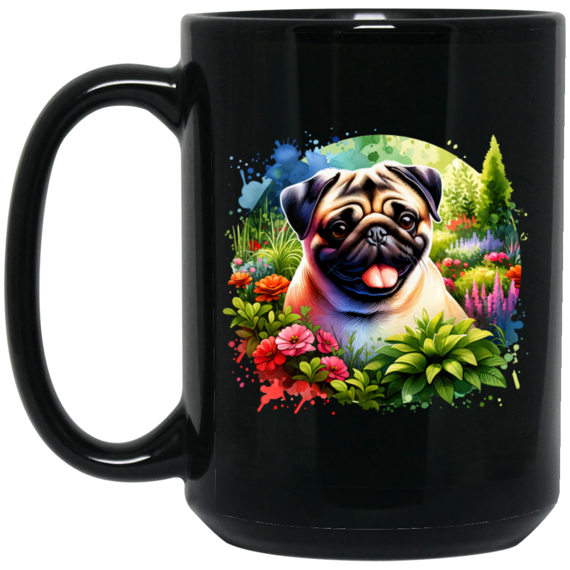 Pug in Garden mug 15 ounce black