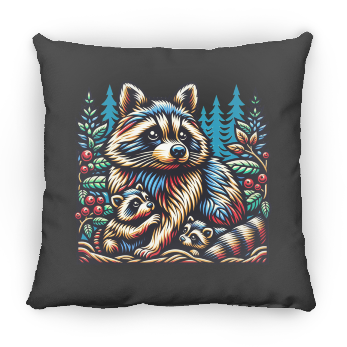 Woodcut Raccoon and Kits - Throw Pillows