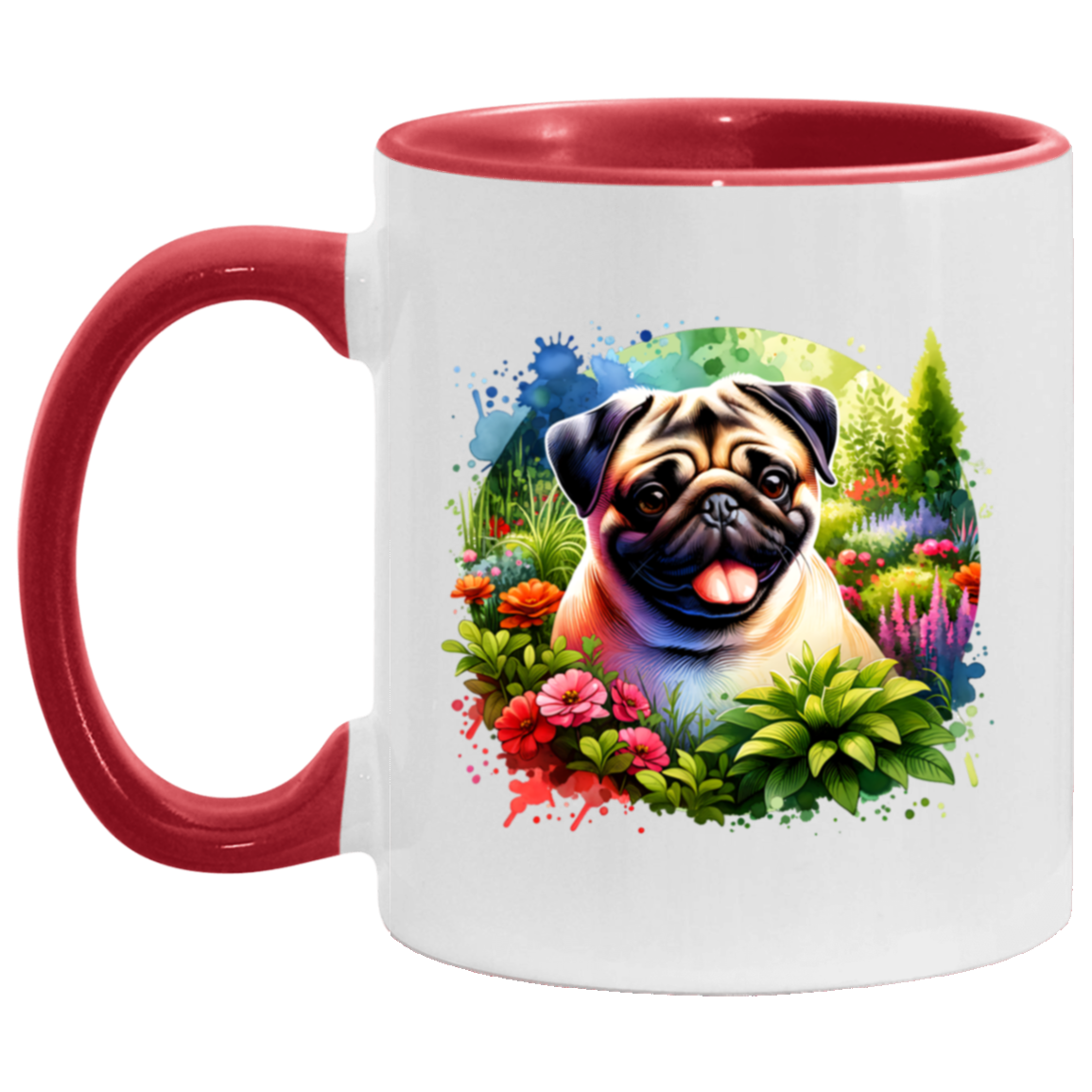 Pug in Garden mug 11 ounce Accent red