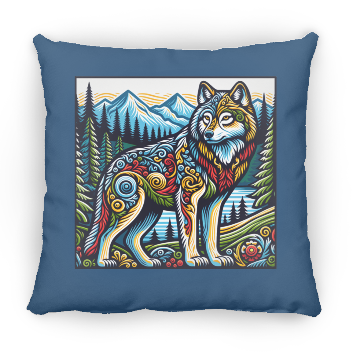 Folk Art Wolf - Throw Pillows