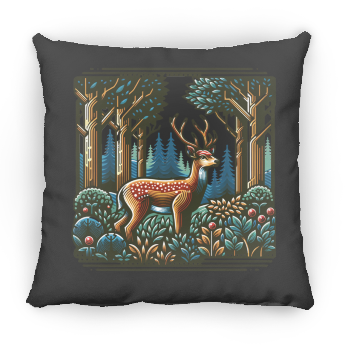 Deer in Forest Block Print - Throw Pillows