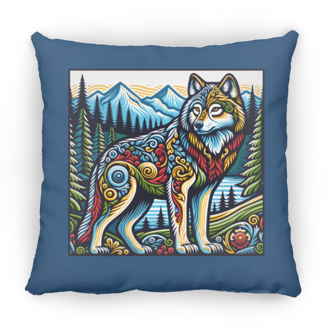 Folk Art Wolf - Throw Pillows