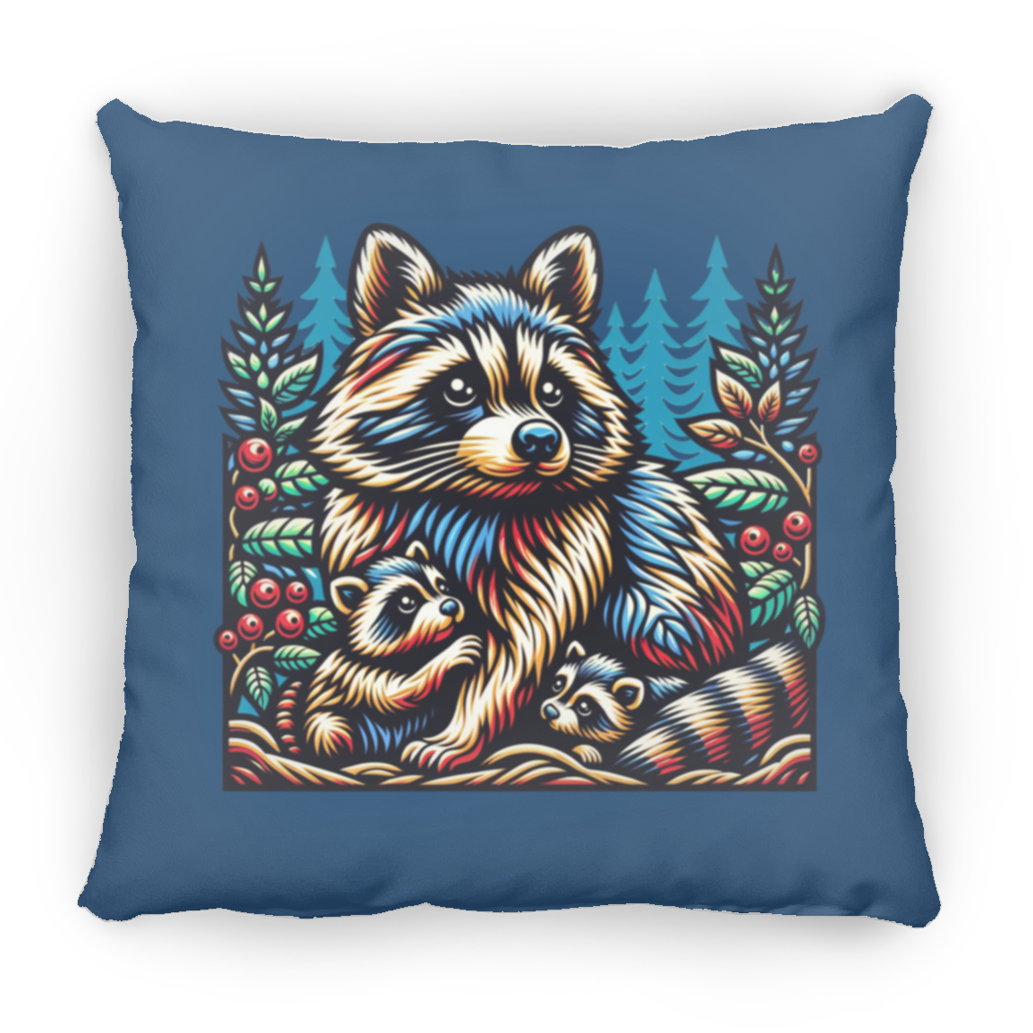 Woodcut Raccoon and Kits - Throw Pillows