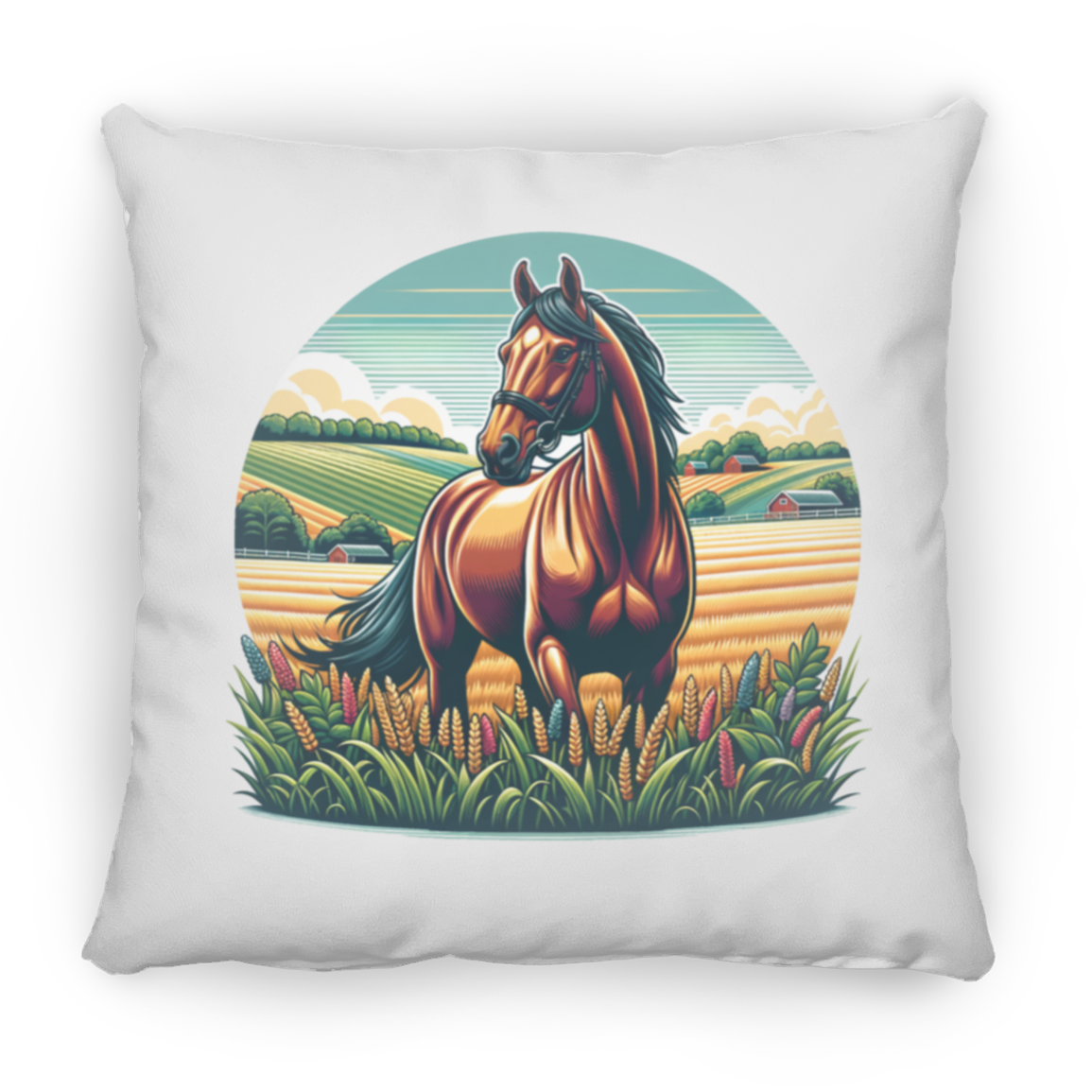 Bay Horse on Farm - Throw Pillows