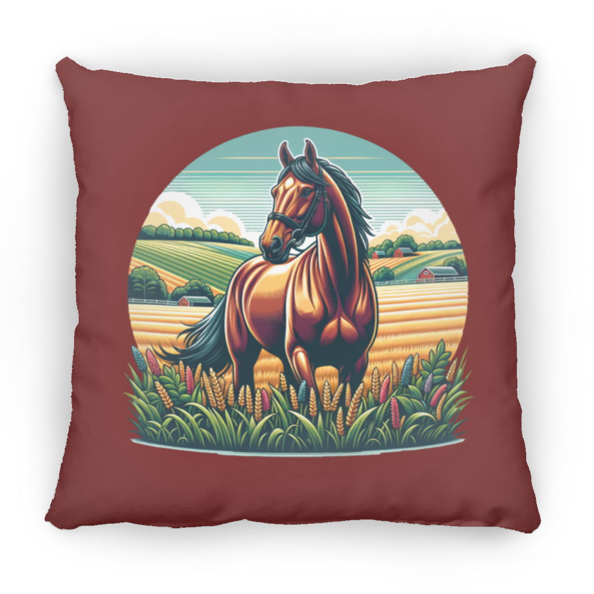 Bay Horse on Farm - Throw Pillows