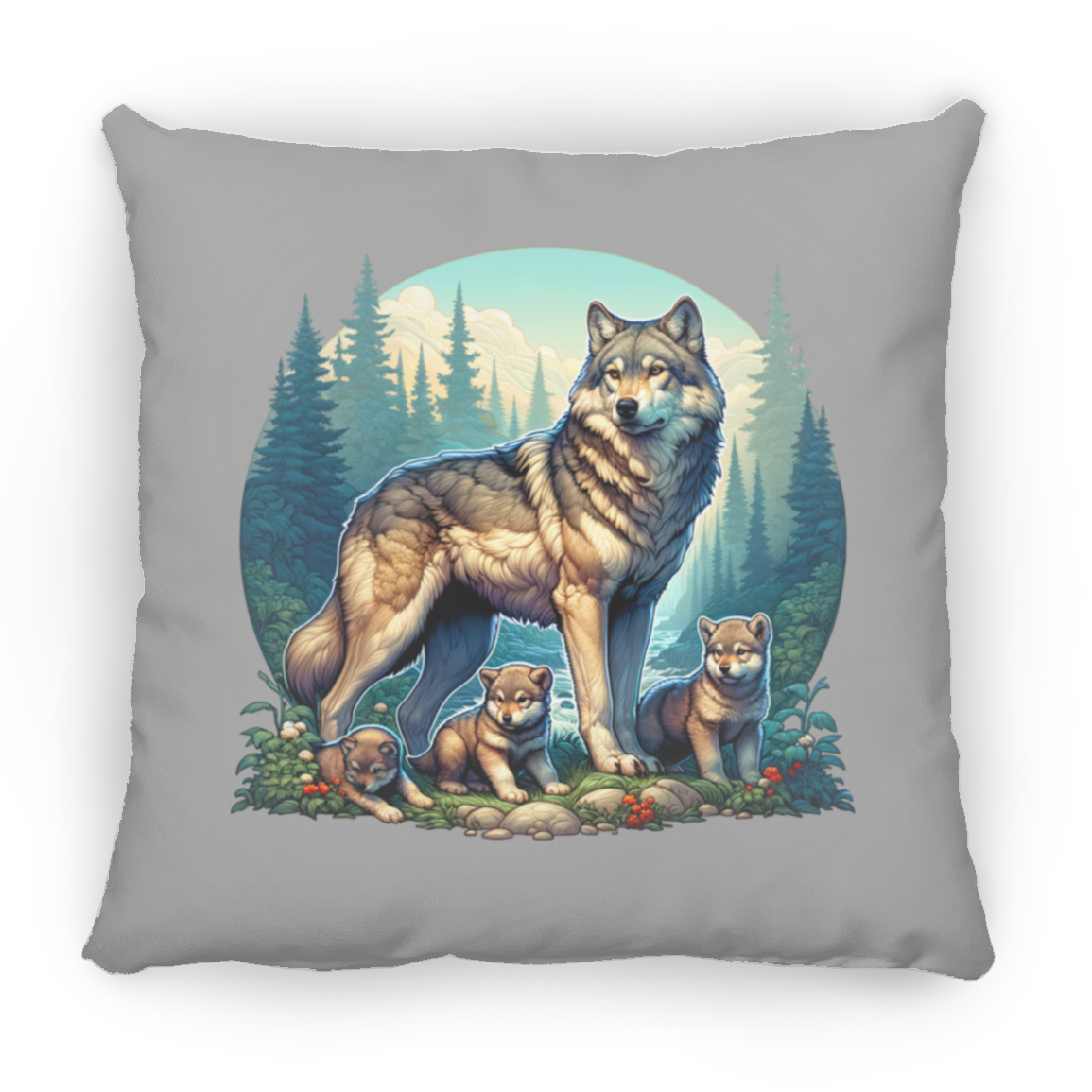 Wolf with 3 Pups - Throw Pillows