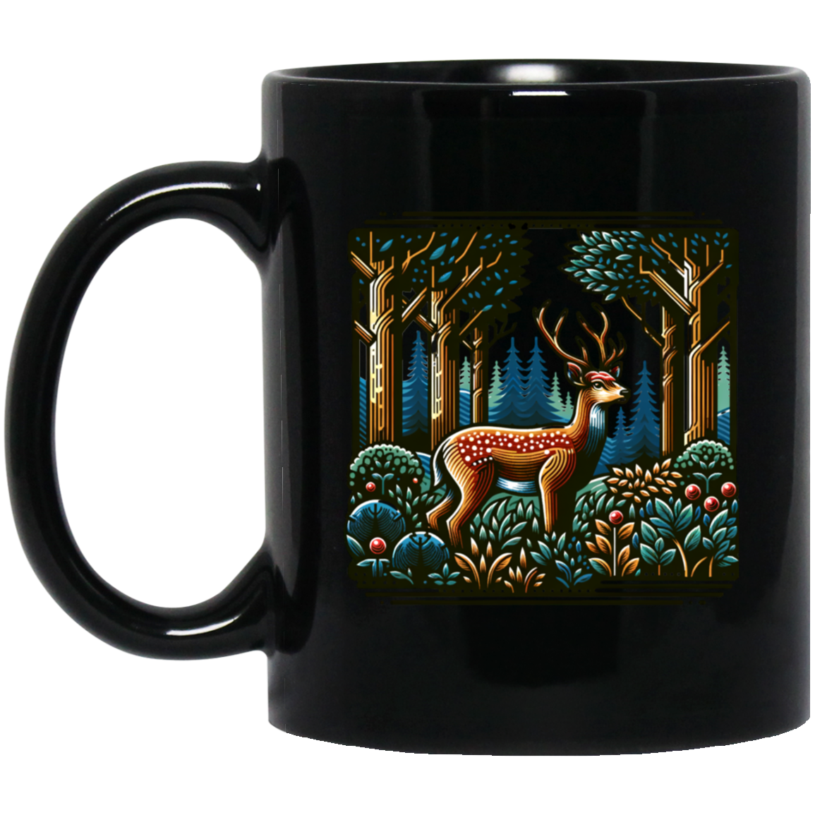 Deer in Forest Block Print - Mugs