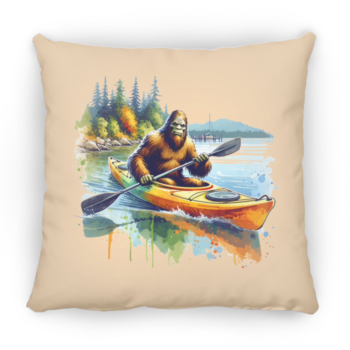 Sasquatch in Kayak Throw Pillows