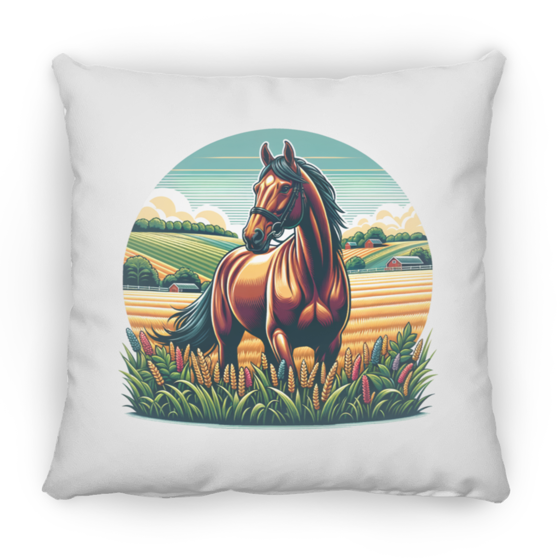 Bay Horse on Farm - Throw Pillows
